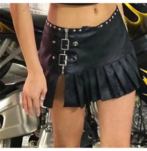 Women black pu leather motorcyle jazz dance mini skirts Locomotive Rivet punk rock style hot pole dance short length pleated side slit Skirt 